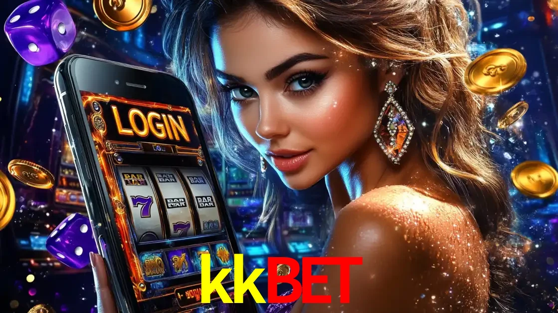 Mulher glamorosa segurando um smartphone com a tela de login para os jogos de caça-níqueis do cassino online kkbet, com moedas de ouro e dados ao redor.